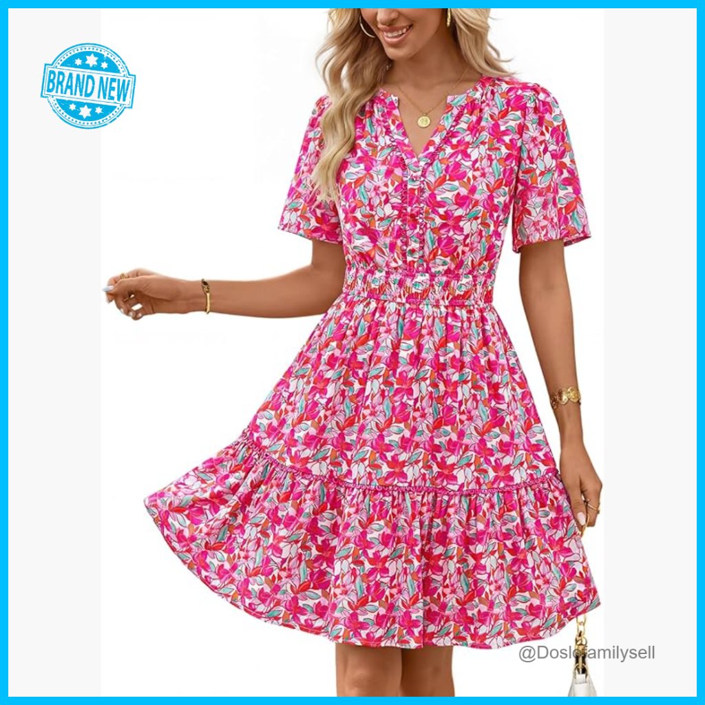 Floral V-Neck A-Line Mini Dress Boho Beach Vacation Casual Summer Style